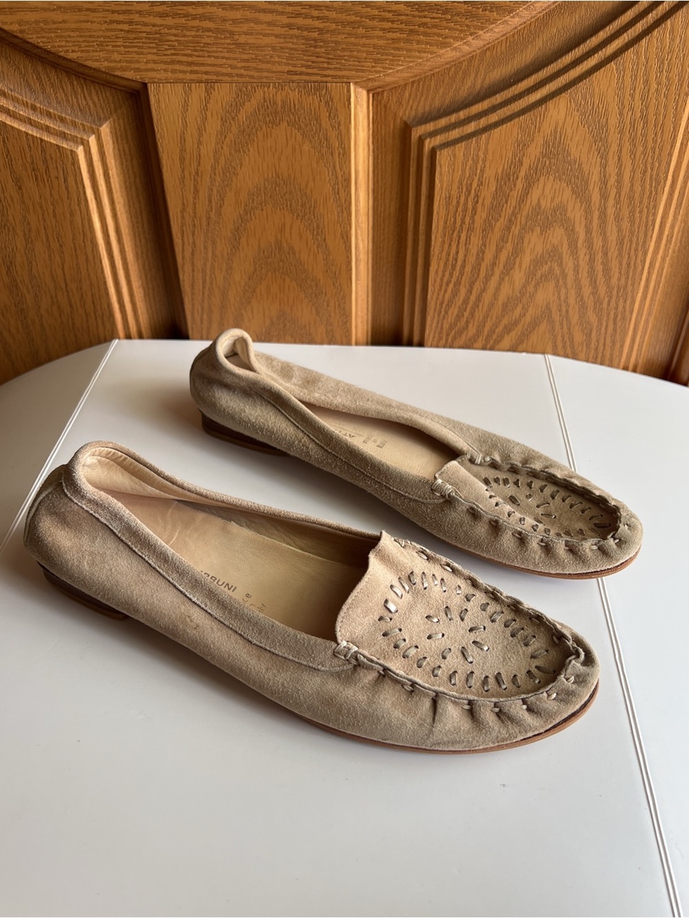 Attilio Giusti Leombruni Suede Whipstitch Ballet Moccasin Flats Taupe Beige EU41
